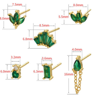 Foreign Trade Micro-Inlaid Geometric Tassel Earrings Women'S Green Gem Diamond Metal Stud Earrings Cross-Border Sold Jewelry Accessories Wholesale