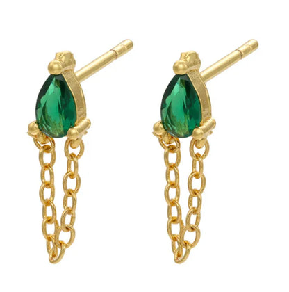 Foreign Trade Micro-Inlaid Geometric Tassel Earrings Women'S Green Gem Diamond Metal Stud Earrings Cross-Border Sold Jewelry Accessories Wholesale