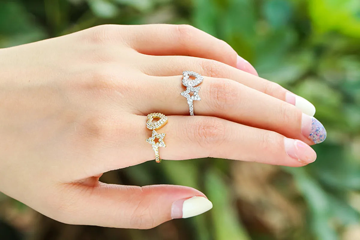 Fashion Micro-inlaid Stars Peach Heart-shaped Opening Adjustable Ring