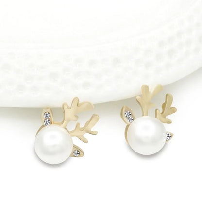 Fashion Micro-set Pearl Antlers Earrings Simple Deer Head Elegant Earrings Deer Earrings