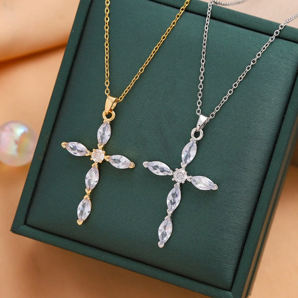Fashion Microembedded Cross Necklace Titanium Steel Mixed Gem Inlay Geometric Ochain Electroplating Unisex