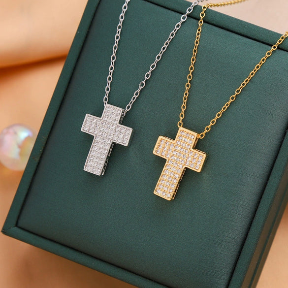 Fashion Microembedded Cross Necklace Titanium Steel Mixed Gemstone Inlay Geometric O Chain Electroplating