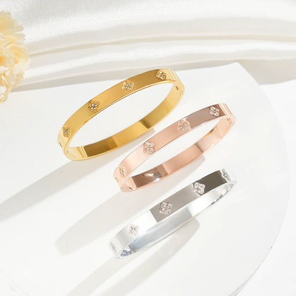 Fashion Microinlaid Rhombus Fourleaf Clover Titanium Steel Bracelet For Women Vacuum Electroplated