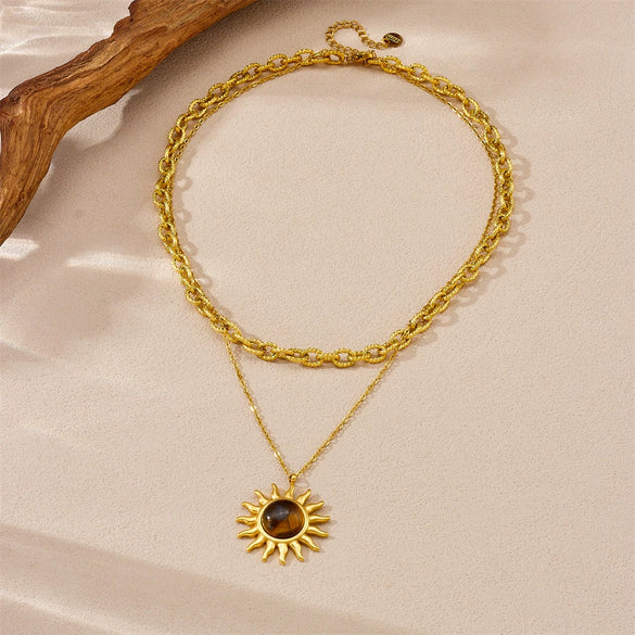Fashion Minimalist Geometric Stainless Steel Tiger Eye Stone Sun Pendant Doublelayered Necklace With Electroplating For Women
