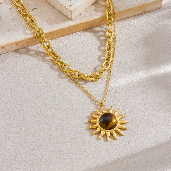 Fashion Minimalist Geometric Stainless Steel Tiger Eye Stone Sun Pendant Doublelayered Necklace With Electroplating For Women
