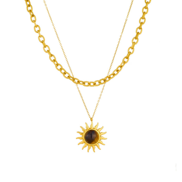 Fashion Minimalist Geometric Stainless Steel Tiger Eye Stone Sun Pendant Doublelayered Necklace With Electroplating For Women