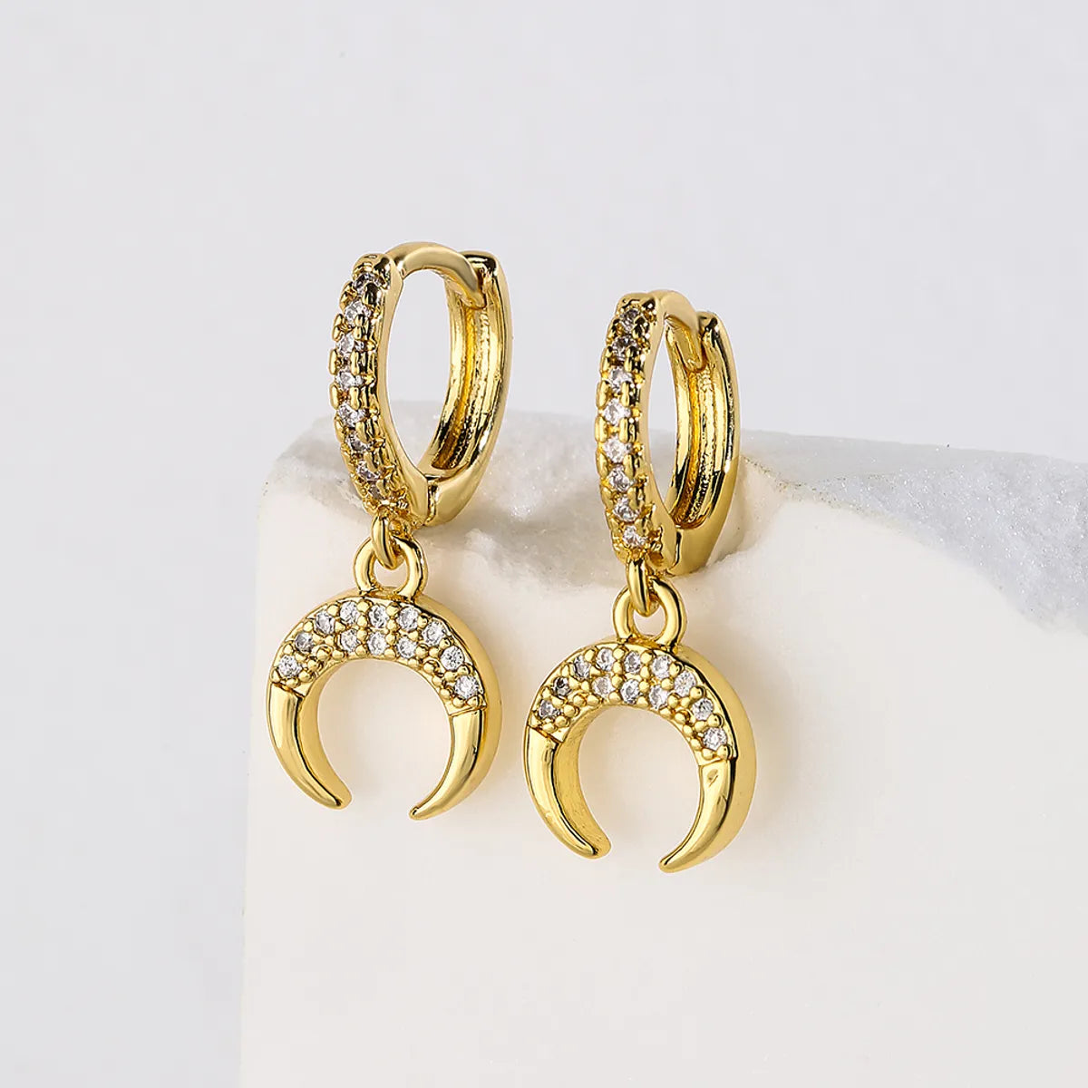 Fashion Moon Copper Gold Plated Zircon Dangling Earrings 1 Pair