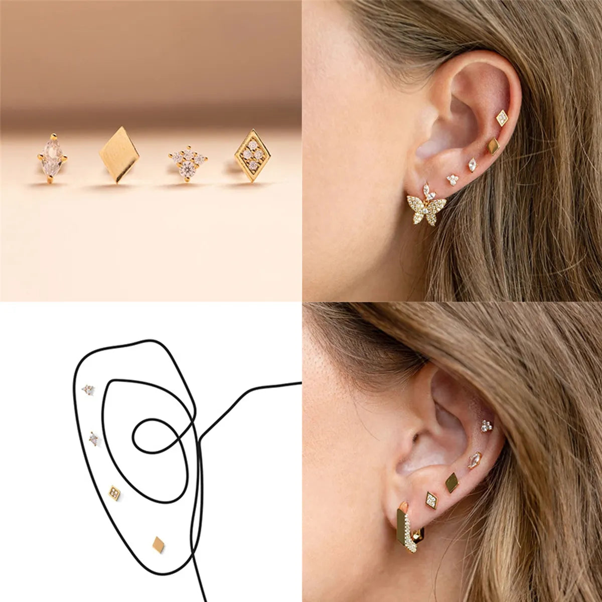 Fashion Moon Heart Shape Sterling Silver Zircon Ear Studs 1 Set