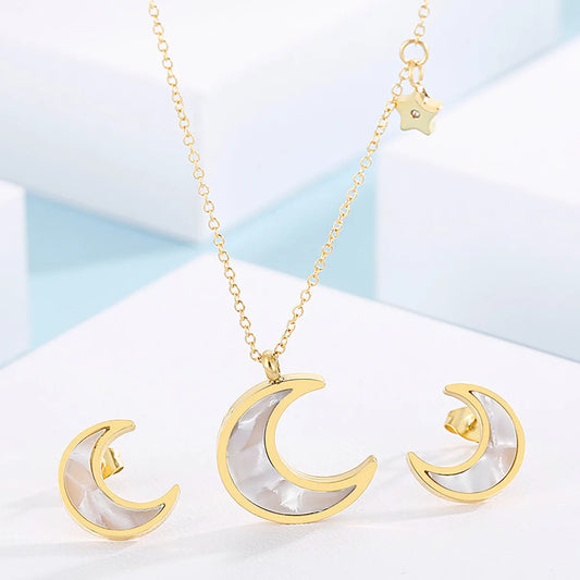 Fashion Moon Titanium Steel Plating Earrings Necklace 1 Set