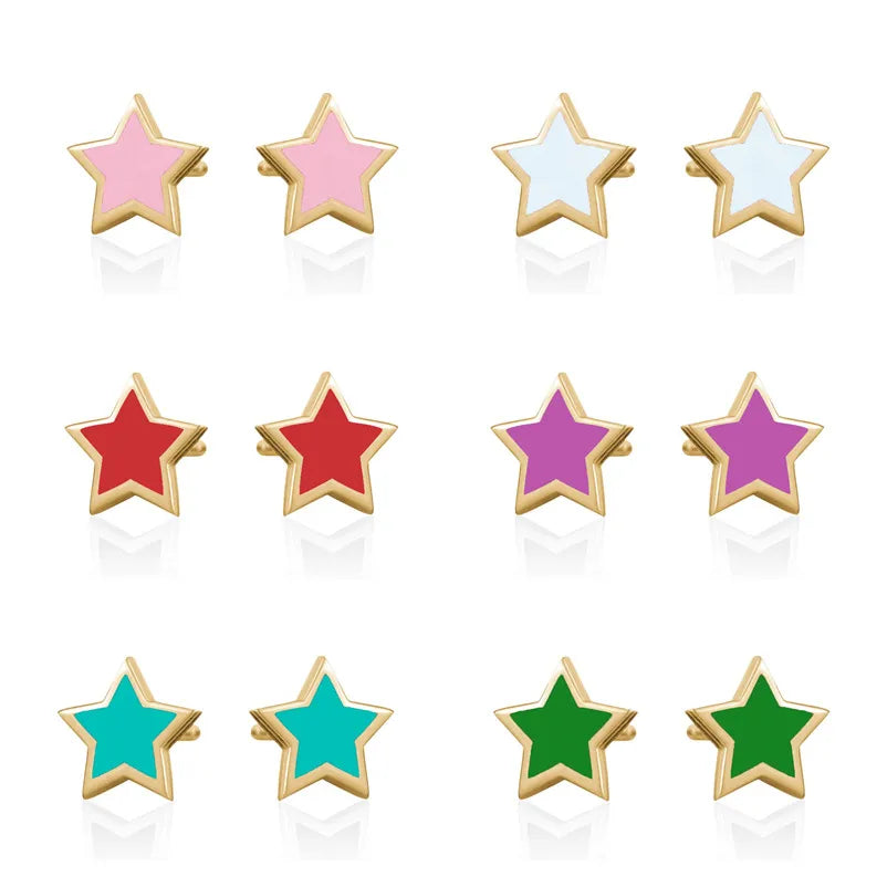 Fashion Multi-Color Drop Glue Star Simple Copper Stud Earrings