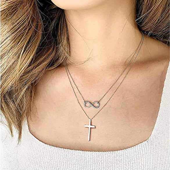 Fashion Multi Layer Copper Clavicle Necklace With Lucky Figure Eight Cross Geometric Pendant Electroplated O Shaped Chain For Women