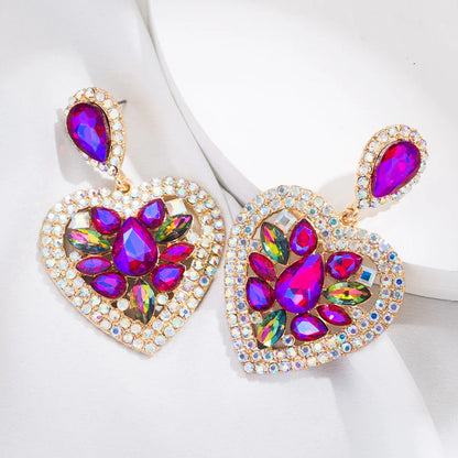 Fashion Multi-layer Heart-shaped Alloy Diamond-embedded Colorful Rhinestone Earrings