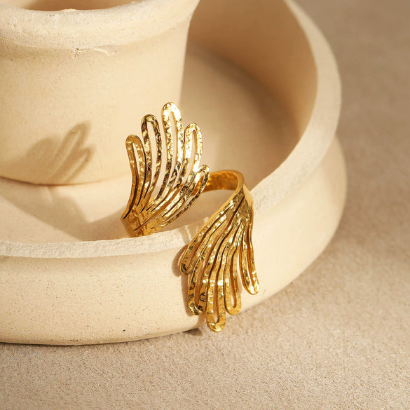 Fashion Multi Layer Hollow Line Stainless Steel Open Ring With Hammer Pattern And 18K Gold Plating For Women