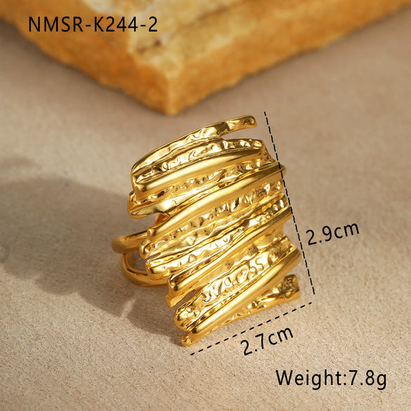 Fashion Multi Layer Hollow Line Stainless Steel Open Ring With Hammer Pattern And 18K Gold Plating For Women