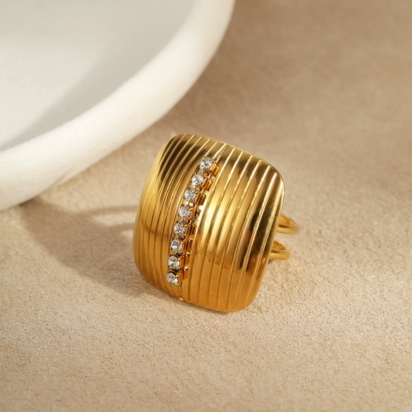 Fashion Multi Layer Hollow Line Stainless Steel Open Ring With Hammer Pattern And 18K Gold Plating For Women