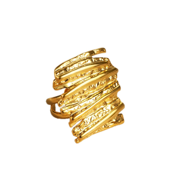 Fashion Multi Layer Hollow Line Stainless Steel Open Ring With Hammer Pattern And 18K Gold Plating For Women