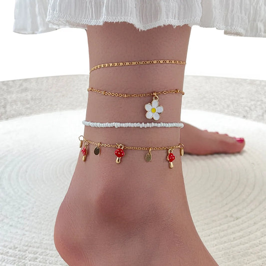 Fashion Multi-layer Simple Mushroom Small Pendant Alloy Anklet 4-piece Set