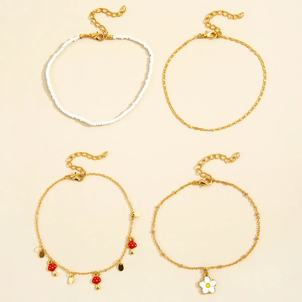 Fashion Multi-layer Simple Mushroom Small Pendant Alloy Anklet 4-piece Set