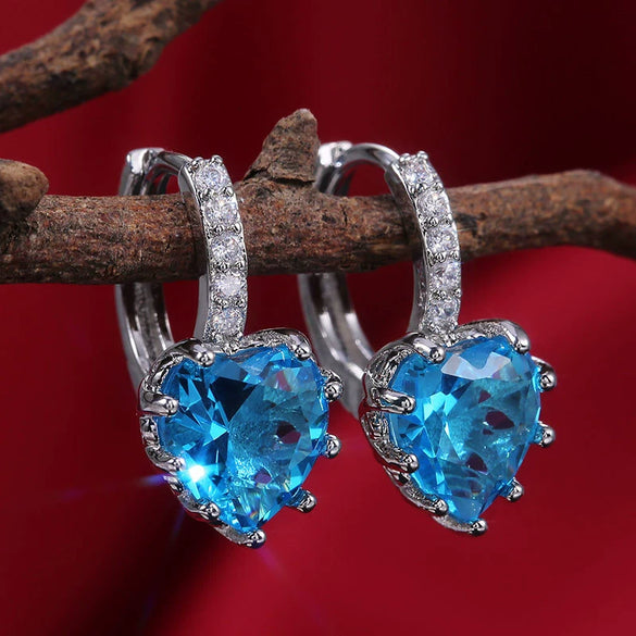 Fashion Multicolor Zircon Love Earrings Temperament Peach Heart Crystal Jewelry Made Of Copper With Geometry Design