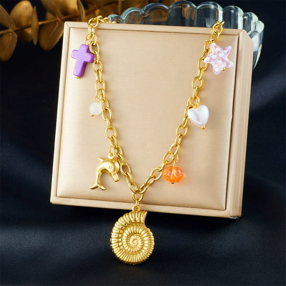 Fashion Multielement Pendant Necklace Stainless Steel Goldplated With Animal Zodiac Shapes For Women