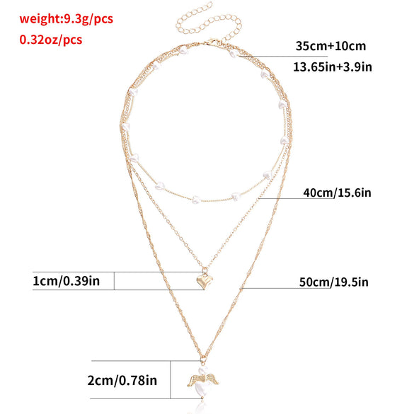 Fashion Multilayer Heartshaped Pearl Angel Wings Alloy Necklace For Female With Electroplating Treatment