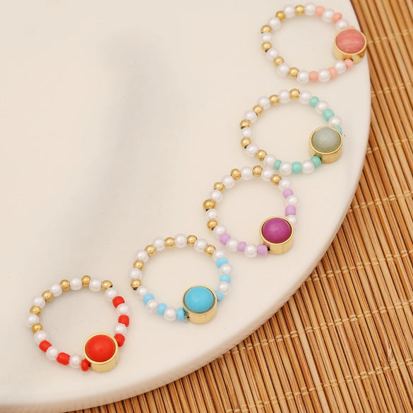 Fashion Natural Stone Ring And Pearl Bracelet Handmade Stainless Steel Jewelry