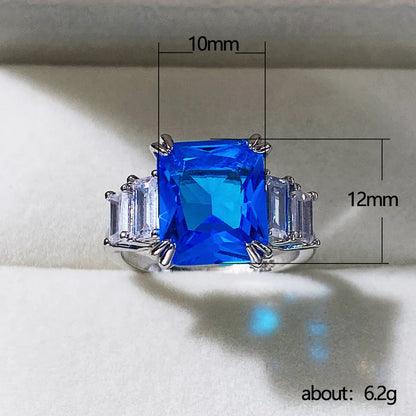 Fashion New 10*12 Square Sea Blue Zircon Female Copper Ring