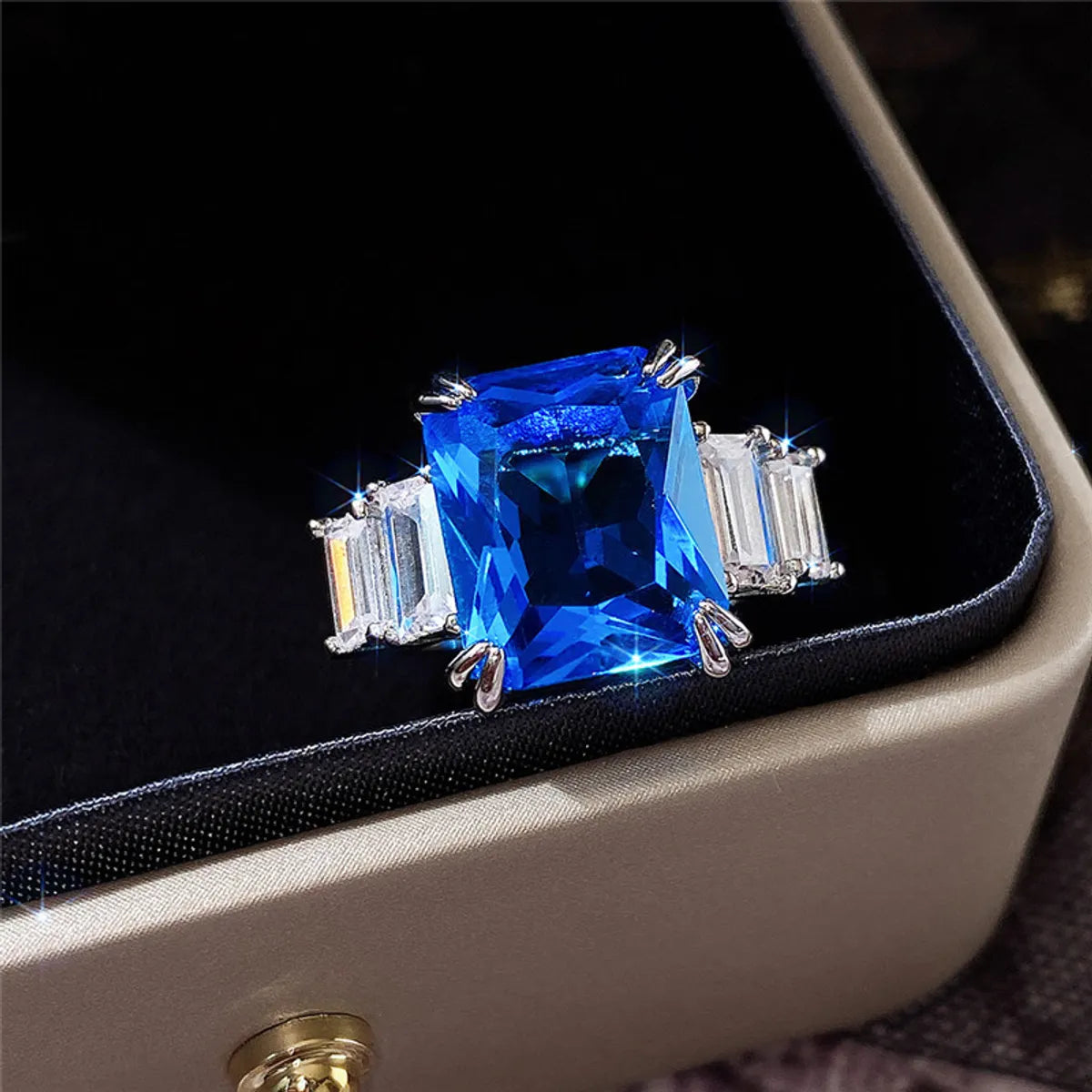 Fashion New 10*12 Square Sea Blue Zircon Female Copper Ring