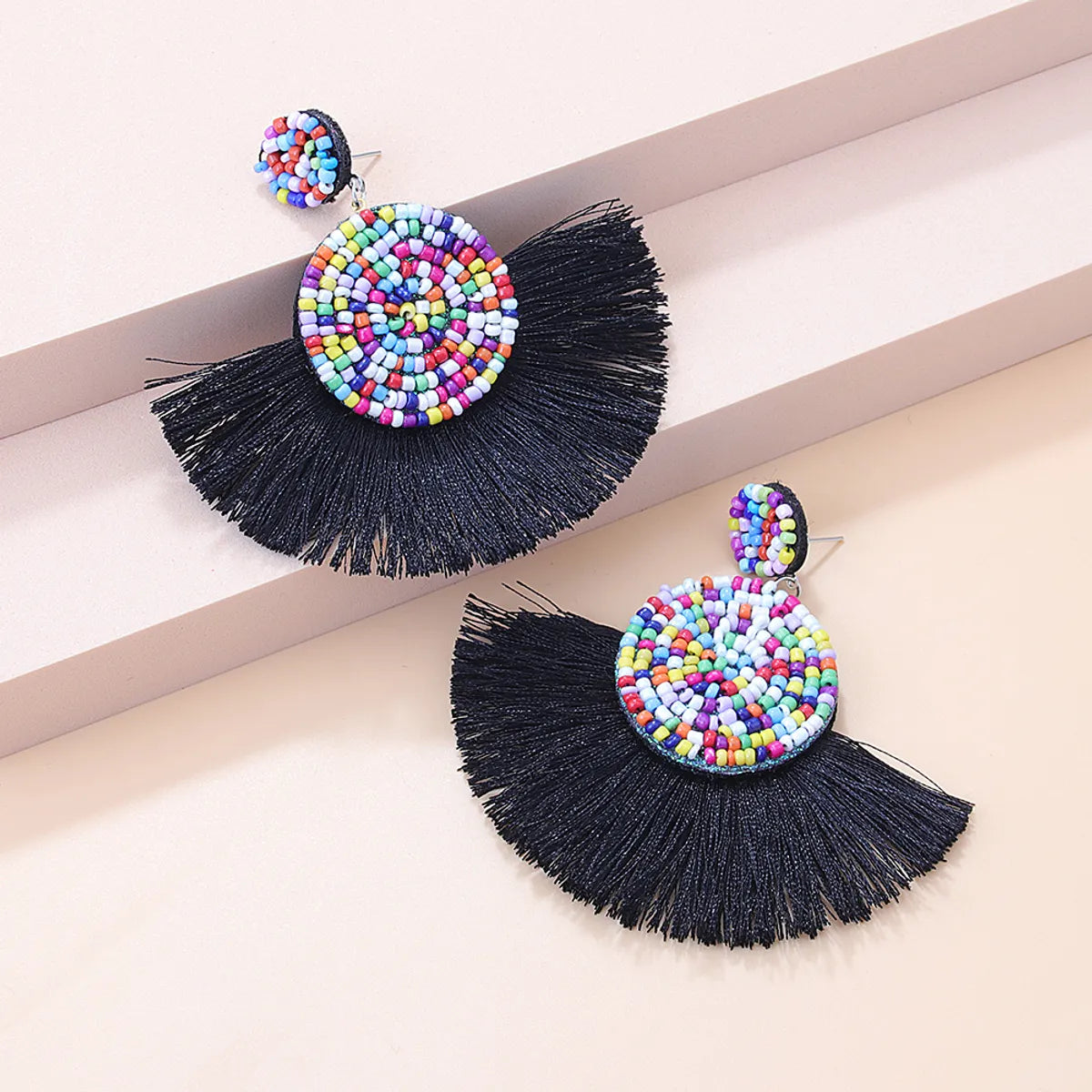 Fashion New Bohemian Retro Color Round Bead Tassel Pendant Earrings