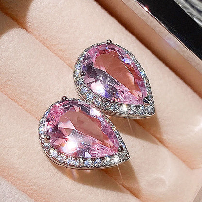 Fashion New Earrings Pear-shaped Water Drop Pink Zircon Earrings Valentine's Day