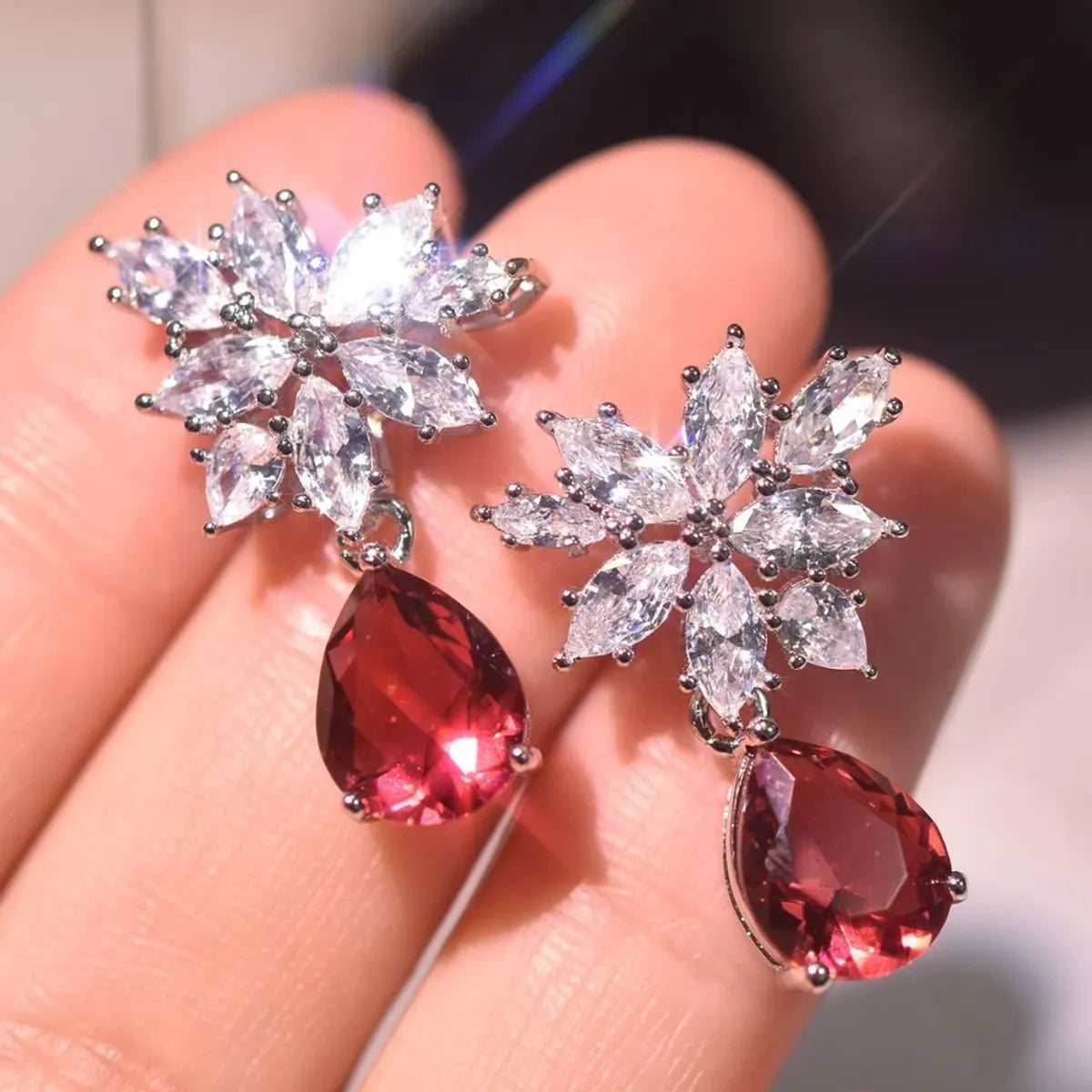 Fashion New Inlaid Water Drop Pear-shaped Red Zircon Copper Earrings Wholesale