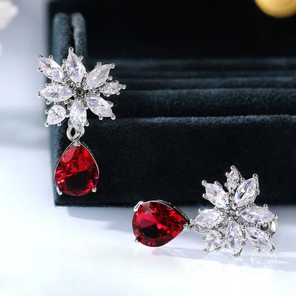 Fashion New Inlaid Water Drop Pear-shaped Red Zircon Copper Earrings Wholesale