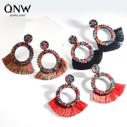 Fashion New Rhinestone Tassel Colorful Geometric Large Earrings