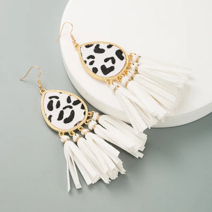 Fashion New Tassel Leather Horsehair Print Leopard Earrings