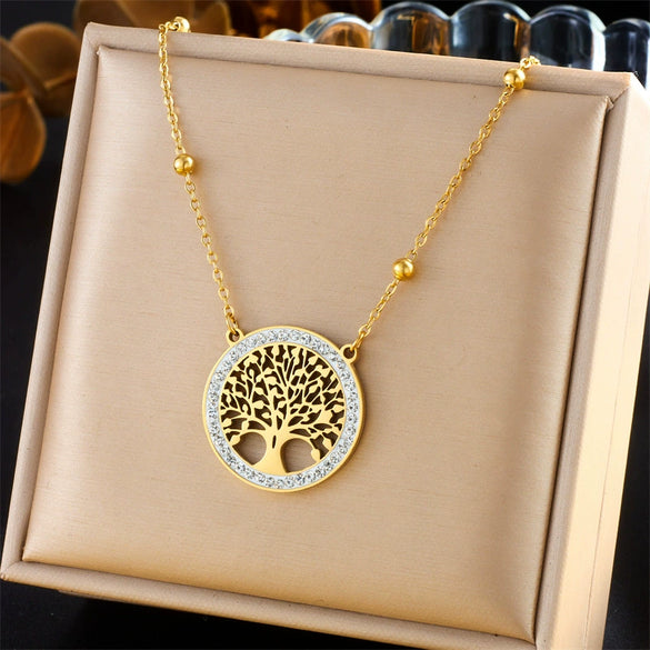 Fashion Niche Design Round Hollow Tree Of Life Pendant Stainless Steel Earrings Necklace Set With Electroplating