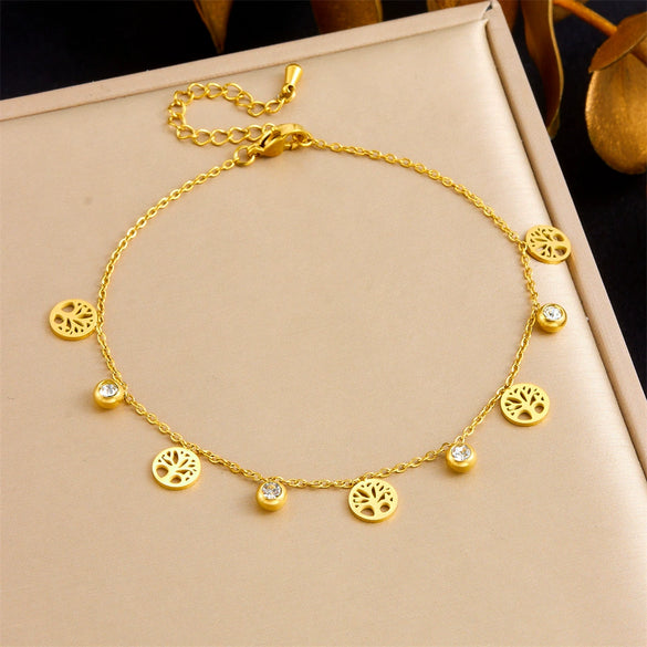 Fashion Niche Design Stainless Steel Anklet With Geometric Pattern Hollow Round Life Tree Cross Pendant And Diamond Encrusted