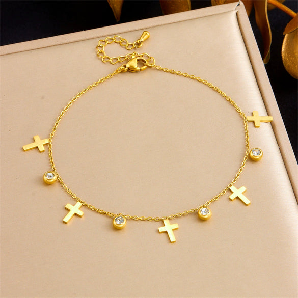 Fashion Niche Design Stainless Steel Anklet With Geometric Pattern Hollow Round Life Tree Cross Pendant And Diamond Encrusted