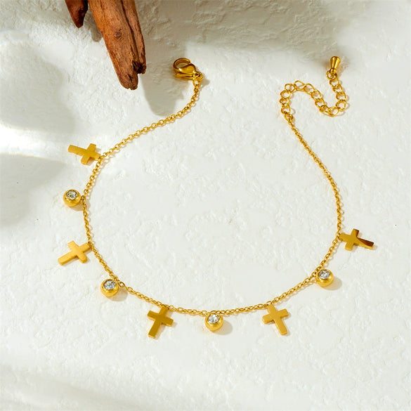 Fashion Niche Design Stainless Steel Anklet With Geometric Pattern Hollow Round Life Tree Cross Pendant And Diamond Encrusted