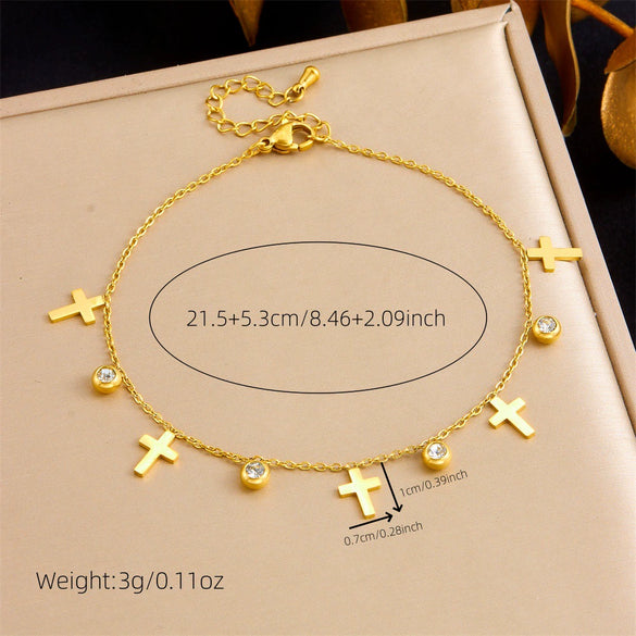 Fashion Niche Design Stainless Steel Anklet With Geometric Pattern Hollow Round Life Tree Cross Pendant And Diamond Encrusted