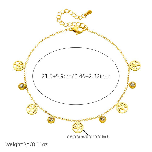 Fashion Niche Design Stainless Steel Anklet With Geometric Pattern Hollow Round Life Tree Cross Pendant And Diamond Encrusted