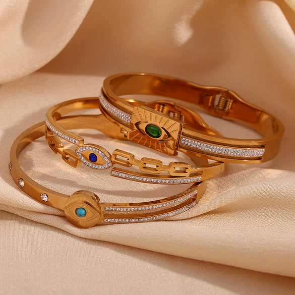 Fashion Niche Popular Stainless Steel Bracelet 18K Gold Plated Microset Devil's Eye Spring Buckle Geometric Style