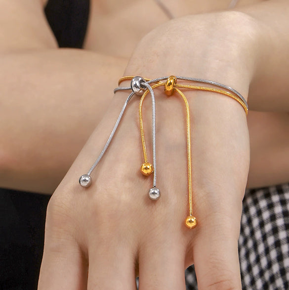Fashion Nonfading Round Bead Pull Buckle Titanium Steel 18K Gold Plated Tassel Necklace Bracelet Anklet Jewelry Suit With Electroplating