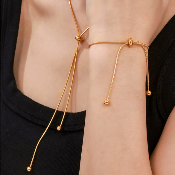 Fashion Nonfading Round Bead Pull Buckle Titanium Steel 18K Gold Plated Tassel Necklace Bracelet Anklet Jewelry Suit With Electroplating