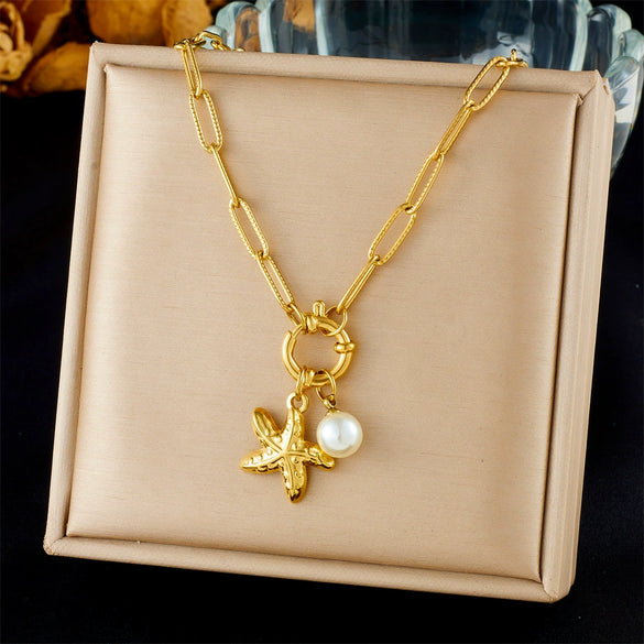 Fashion Ocean Series Accessories Stainless Steel Goldplated Animal Zodiac Starfish Shell Butterfly Pendant Necklace With O Word Chain