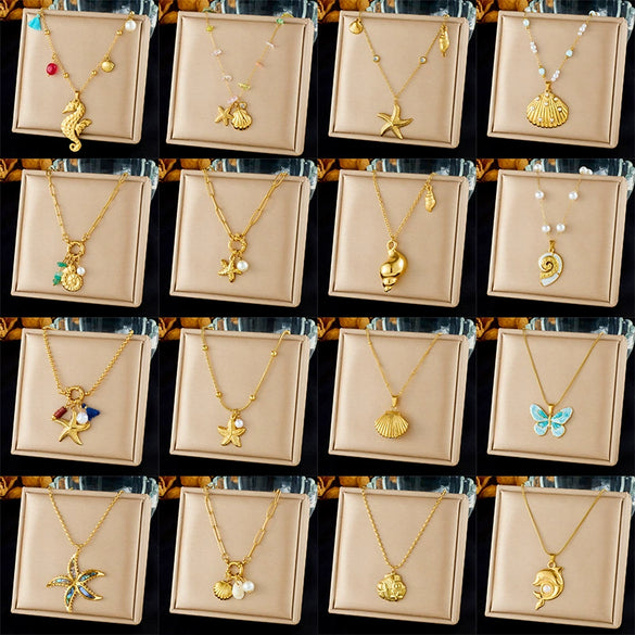 Fashion Ocean Series Accessories Stainless Steel Goldplated Animal Zodiac Starfish Shell Butterfly Pendant Necklace With O Word Chain