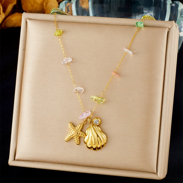 Fashion Ocean Series Accessories Stainless Steel Goldplated Animal Zodiac Starfish Shell Butterfly Pendant Necklace With O Word Chain