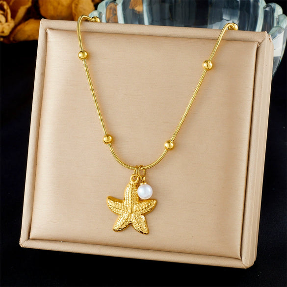 Fashion Ocean Series Accessories Stainless Steel Goldplated Animal Zodiac Starfish Shell Butterfly Pendant Necklace With O Word Chain
