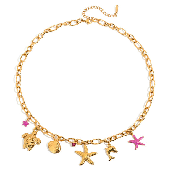 Fashion Ocean Style Stainless Steel Stacked Starfish And Conch Animal Geometric Necklace With Electroplating