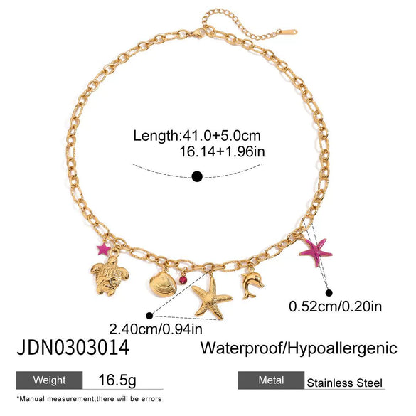 Fashion Ocean Style Stainless Steel Stacked Starfish And Conch Animal Geometric Necklace With Electroplating