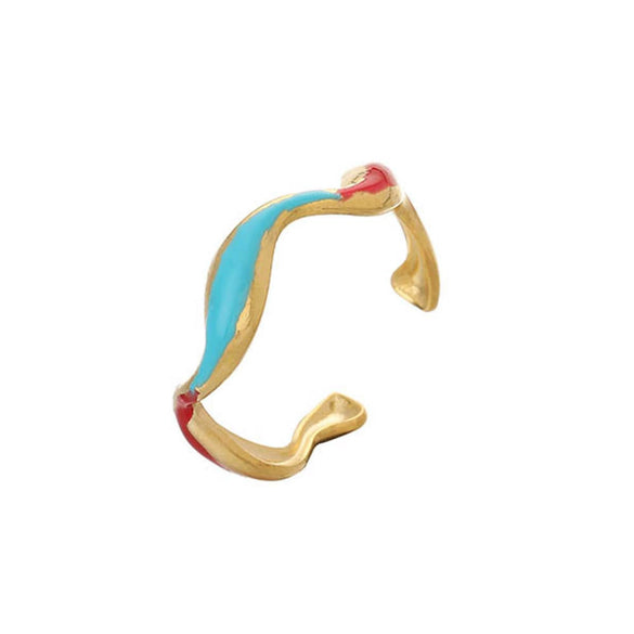 Fashion Oil Dropping Titanium Steel Open Ring With Gold Plated Leaves And Small Flower Design Jewelry